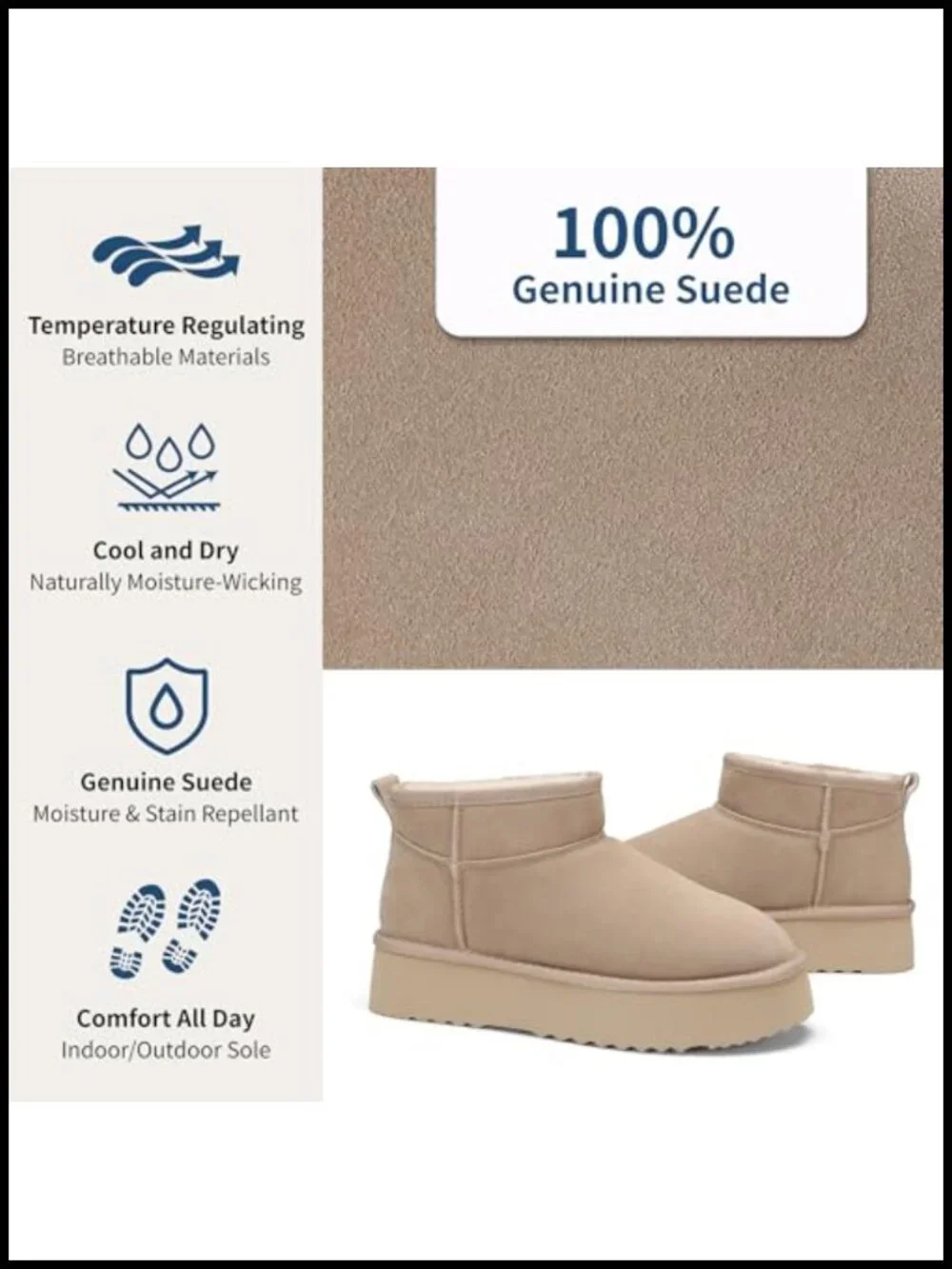 Genuine Suede Leather Platform Snow Boots with Memory Foam Insole, Water